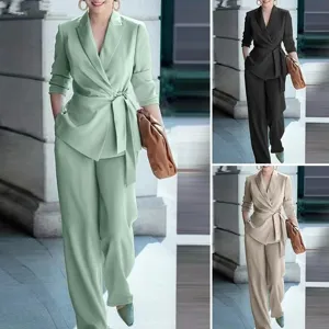 Casual effen overslagblazer en broek tweedelig pak voor dames, elegante herfstmode outfit.
