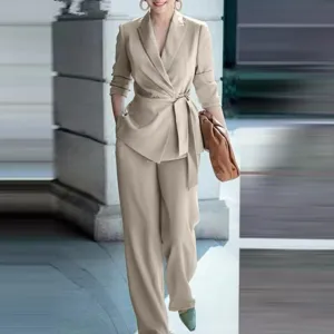 Dames effen wikkel blazer en wijde broek tweedelig pak elegante casual mode herfst