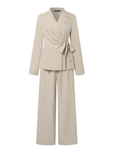 Elegante dames effenkleur pak set met vetersluiting top en wijde broek voor de herfst