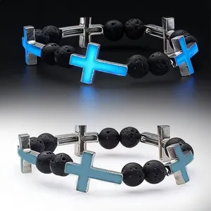 Gothic Luminous Cross Jewelry Set Volcanic Stone Beaded Bracelet Glowing Pendant Necklace Hip Hop Punk Unisex Jewelry Ornaments