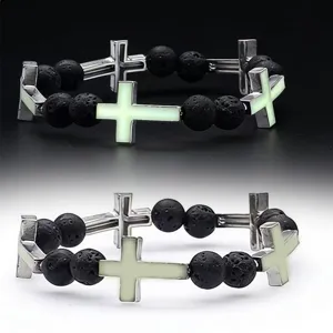 Glow in the dark cross bracelet with black lava stone beads, fashion jewelry for men and women.