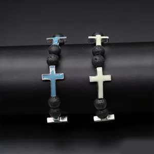 Luminous cross bracelet set with black lava stone beads for fashion men and women jewelry.