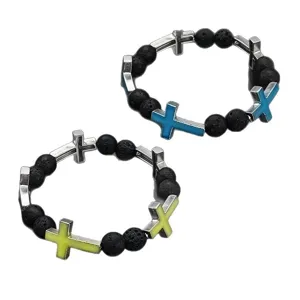 Glow-in-the-dark cross bracelet set with black lava stone beads for fashion jewelry styles