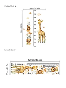 Cartoon animal height growth chart wall sticker, cute giraffe and stacking animals design.
