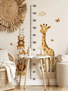 Detailed shot of cute cartoon giraffe and stacked animals height wall sticker in cozy room decor.