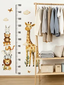 Kids animal height growth chart wall sticker with cute giraffe and stacking animals.