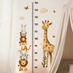 Cartoon animal height growth chart wall sticker with giraffe and stacked animals for kids room.