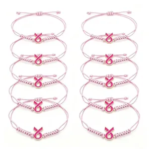Bracelet Cordon Rose Tissé à la Main Avec Pendentif Ruban en Alliage Sensibilisation au Cancer du Sein Ruban Rose Bracelet Ajustable Cadeau Femme
