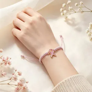 Bracelet tressé fait main ruban rose conscience du cancer du sein bijoux femme