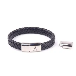 Men black braided leather bracelet with stainless steel magnetic clasp letter A charm jewelry