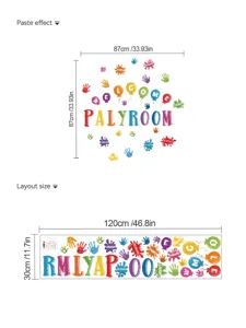 Kleurrijke cartoon letters en handafdrukken muurstickers voor de kinderkamer, zelfklevend.