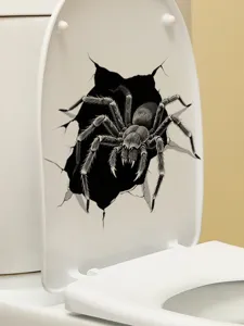 Close-up detail shot of 3D scary spider toilet sticker, waterproof removable PVC decor.
