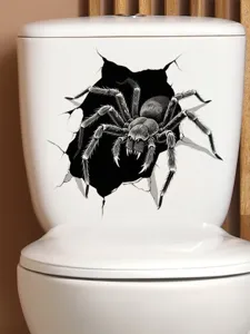 Detail view of 3D broken wall horror spider toilet sticker, waterproof PVC bathroom decor.