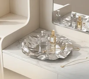 Korean style stainless steel pleated jewelry tray mirror storage plate for dressing table vanity display.