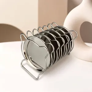 Stainless steel coaster set with storage rack for home and hotel use. Modern design.