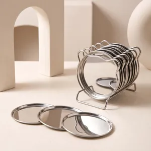 Modern stainless steel drink coaster set with cute cat ear design and metal storage rack.