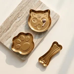 Gold metal cat head paw and bone shape storage tray jewelry organizer desktop dish
