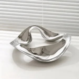 Nordic fluid curve metal decorative tray, modern abstract silver storage plate for hotel decor.
