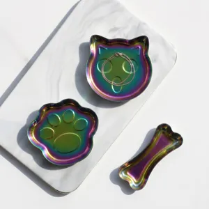 Rainbow metal cat paw and bone jewelry tray, stylish desktop storage dish for accessories.