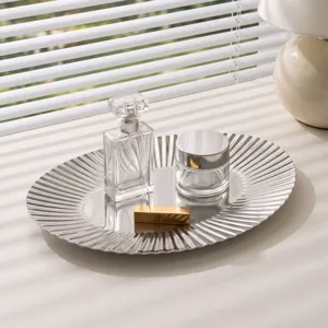 Nordic stainless steel oval storage tray, fluted vanity tray for jewelry and home decor.