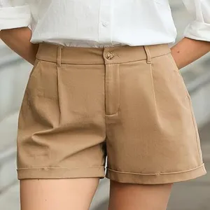High-waisted casual khaki shorts for women, relaxed straight fit with pleated detail.