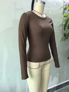 Detail view of a brown ribbed long sleeve crewneck top, slim fit casual basic apparel.