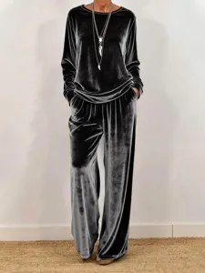Detailed view of the luxurious velvet long sleeve top and wide leg pants loungewear set.