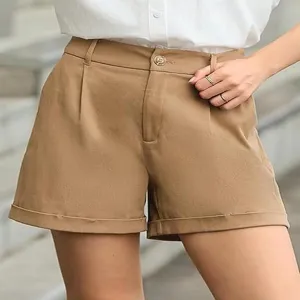 Women's summer high-waist casual shorts, solid color straight-leg daily wear style.
