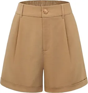 Details view of women high waisted casual khaki shorts with pleated front and cuffed hem.