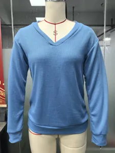 Women solid color waffle knit V-neck long sleeve sweater casual top basic pullover fashion