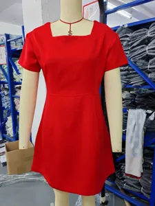 Amazon 2025 women solid red square neck short sleeve casual mini dress chic style