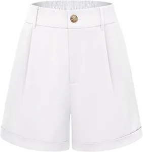 Women high-waisted casual loose shorts in solid white, featuring chic pleated front and turn-up cuffs.