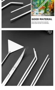 Stainless steel aquascaping tool details, precision scissors and tweezers for planted tanks.