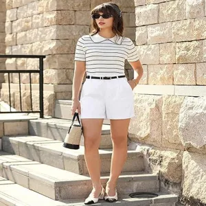 White high-waisted casual straight shorts detail view showing clean fit and fabric.