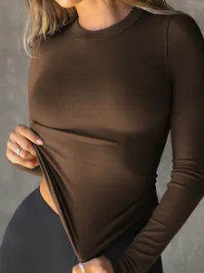 Women ribbed crewneck long sleeve t-shirt slim fit solid basic casual top daily wear