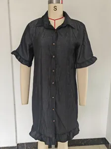 Black short sleeve shirt dress with lettuce edge design, casual loose fit for daily wear.