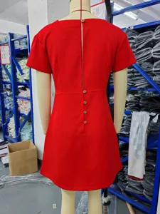 Red short sleeve dress back button detail fashion casual mini dress warehouse view.