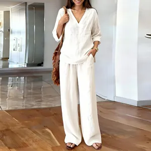 Women Casual Commuter V-Neck Long Sleeve Top And Straight Pants Set Solid Color Polyester Loose Fit Outfit