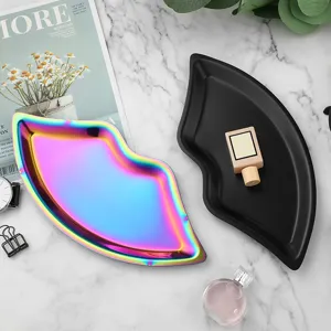 Nordic Stainless Steel Lip Shaped Jewelry Tray Makeup Cosmetic Storage Plate Creative Metal Desktop Organizer Gold