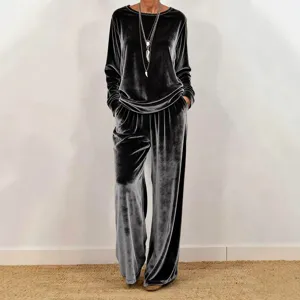 Casual velvet long sleeve top and wide leg pants set for women elegant fashion outfit