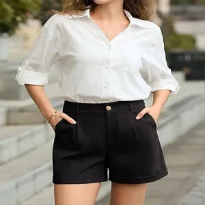 Detail view of women high waist casual shorts, solid color straight fit for daily wear.