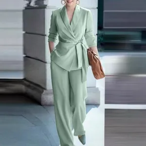 Dames casual effen kleur pak gebonden blazer en broek tweedelig set voor herfst.