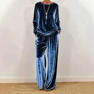Women Velvet Loungewear Set Long Sleeve Crewneck Pullover and Wide Leg Pants Casual Outfit