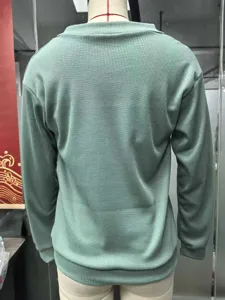 Autumn casual green waffle knit long sleeve top minimalist versatile women fashion