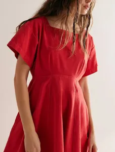 Red square neck short sleeve casual dress for women fashion stylish summer short mini dress