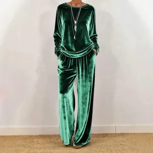 Women Green Velvet Long Sleeve Crewneck Pullover and Wide Leg Pants Tracksuit Set Main