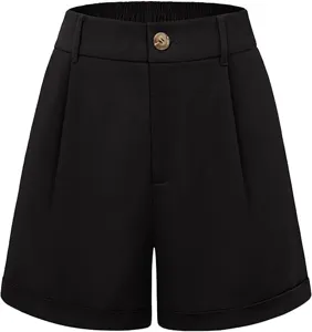 Detail view of black high-waisted casual shorts featuring front pleats and rolled cuffs.