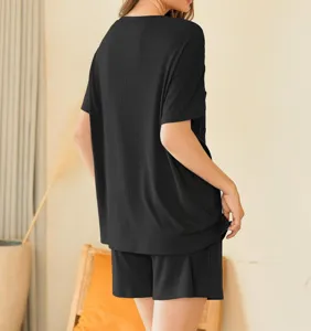 Comfortable casual ribbed two-piece set for women featuring short-sleeve top and shorts.