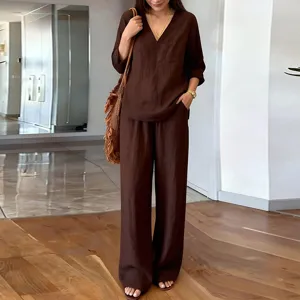 Brown v-neck long sleeve top and wide leg pants set, casual lounge wear detail view.