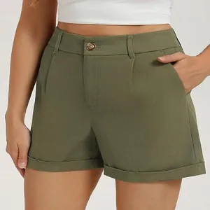 High-waisted olive green casual shorts detail, relaxed fit summer women's apparel.